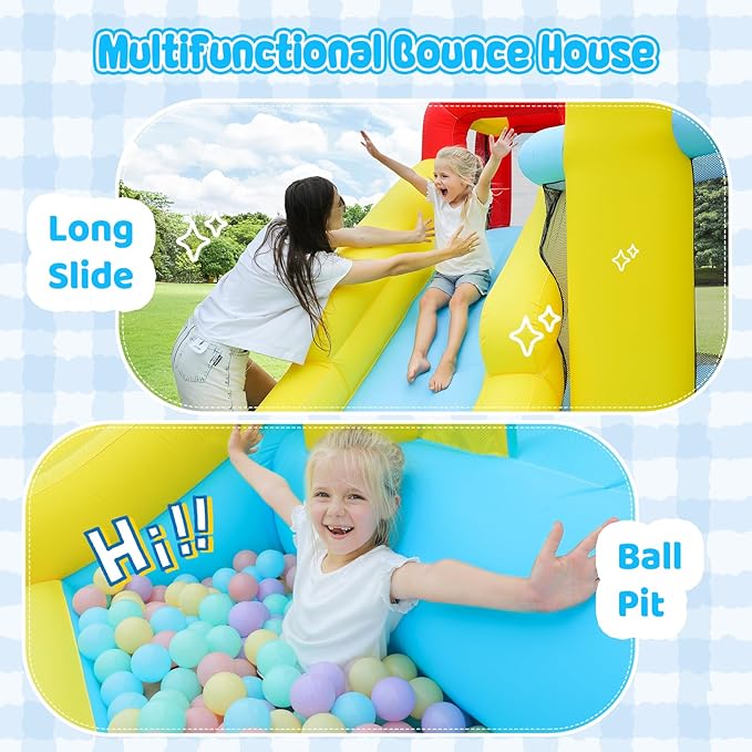 ELEMARA Inflatable Bounce House, 7 in 1 Kids Bounce House with Slide, Bouncy House with Blower, Jumping Area,Baseball/Soccer Area,Basketball Hoop,Climbing Wall, Jumping Castle for Indoor Outdoor