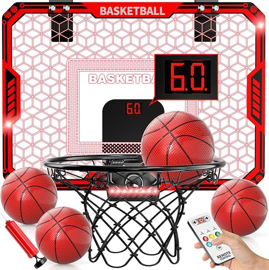 Indoor Basketball Hoop for Kids Boys, Mini Basketball Hoop Indoor Sets Toys with RC 7-Color LED Light, 4 Balls & Scoreboard, Birthday Toys Gifts for 3 4 5 6 7 8 9 10 11 12+ Year Old Boys