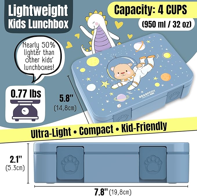 Kids Lunch Box with Compartments – Compact & Lightweight | Leak-Proof, BPA-Free, Dishwasher & Microwave Safe | Hand-Drawn Design for Preschool, School, Travel (Astro Bear Blue, 4 Cups)