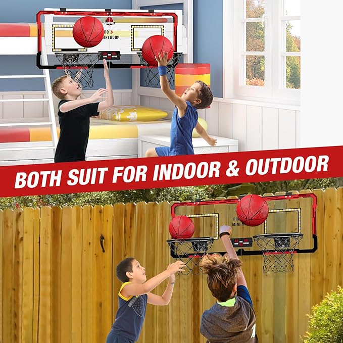 2 Player Basketball Game, Dual Shot Over The Door Mini Basketball Hoop Indoor with Scoreboard & LED, Basketball Toy Gifts for Kids Boys Girls Adults, Suit for Bedroom/Office/Outdoor/Pool, Red