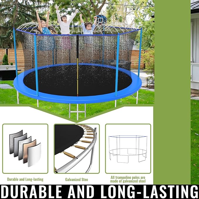10FT/12FT/14FT Outdoor Trampoline for Kids and Adults - Trampoline with Basketball Hoop & Sprinkler - Anti Rust - ASTM Approved - Blue
