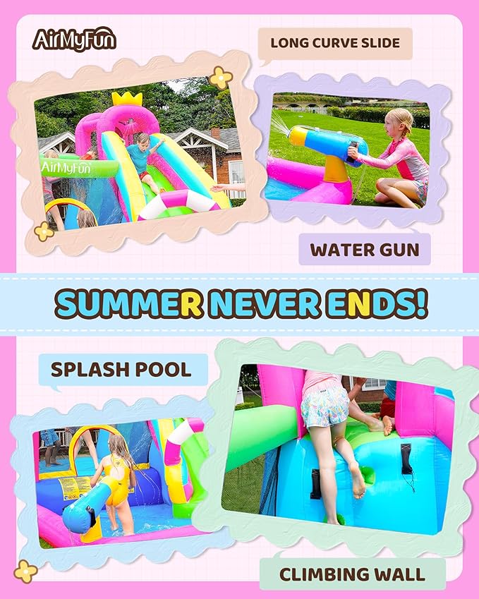 AirMyFun Inflatable Water Slide Pink Princess Bounce House for Big Kids 8-12 with Long Slide and Spray Water Gun for Kids Backyard Inflatable Bouncy Castle