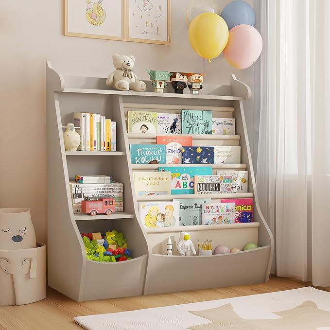 FKWin Montessori Bookshelf and Toy Storage Organizer - 5-Tier Kids Book Shelf for Kids Rooms,Deer Head Montessori Shelf,Grey