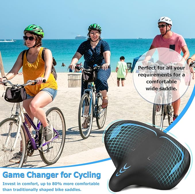 Oversized Bike Seat for Men & Women Comfort, Extra Wide Bicycle Seat Cushion, Comfortable Wing Padded, Large Replacement Saddle for Peloton, Stationary Exercise Bike, Ebike, Cruiser, City Bike
