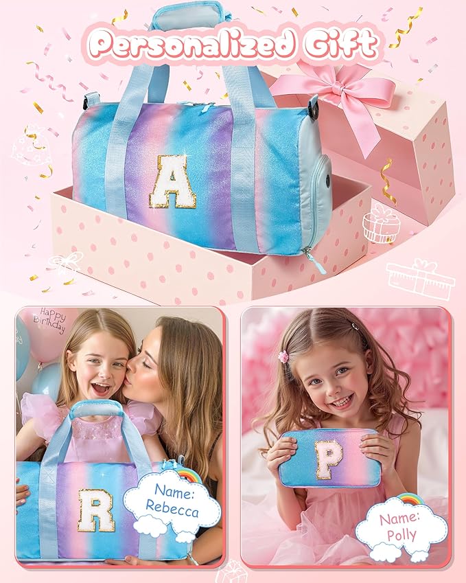 Dorm Room Essentials for Girls-Girl Gym Bag with Shoe Compartment, Kid Personalized Weekender Overnight Bags, Initial Travel Tote with Makeup Pouch, Preppy Stuff Gifts for Kids (Letter F)
