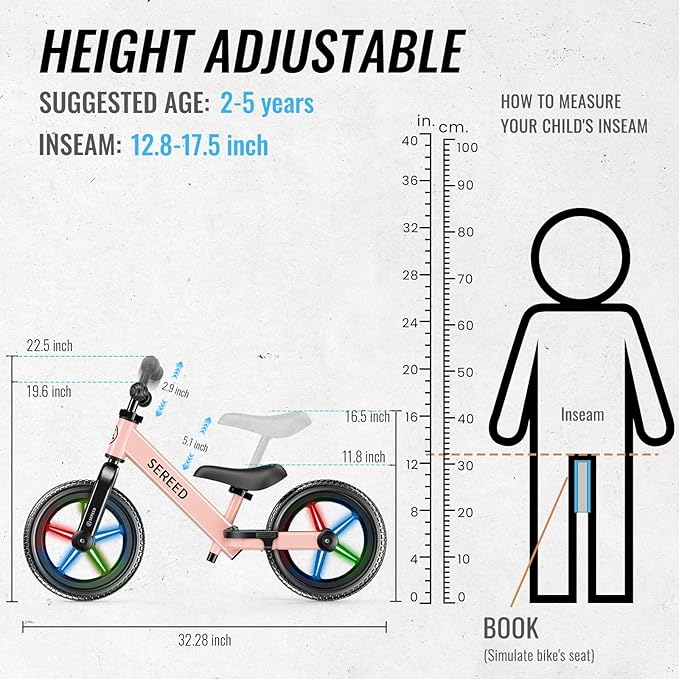 SEREED Toddler Balance Bike 2 Year Old, No Pedal Kids Bicycle Toys for 2-5 Years Old, Tool-Free Adjustment, Customize Plate with Stickers, Gift for 2-3 Boys Girls (Pink Lighting)