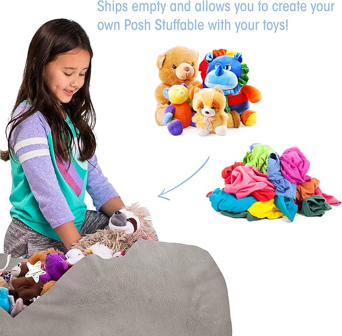 Posh Creations Stuffable Kids Stuffed Animal Storage Bean Bag Chair Cover - Childrens Toy Organizer, Large 38" - Soft Faux Rabbit Fur Gray