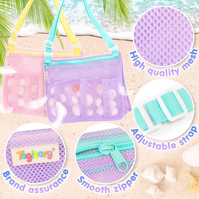 Tagitary Beach Toys Mesh Beach Bags with Zipper, Kids Pool Sand Toys Seashell Crossbody for Boys and Girls Summer Vacation Essentials