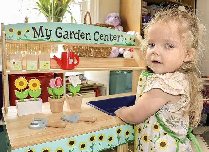 Bloom & Grow Gardening Center Wooden Toy Indoor Playset- 22 Pc Garden Stand Set w Flowers, Seed Packets, Pots, Shovel Rake Apron Watering Pot- Interactive & Fun Pretend Playtime, Xmas Gift for Kids