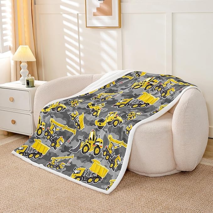 Kids Cartoon Excavator Fleece Throw Blanket - Vehicles, Truck, Car Plush for Boys, Child, Toddler - Bulldozer, Crane Sherpa Construction Site Fuzzy for Sofa, Bed, Couch - 50x60 Inch