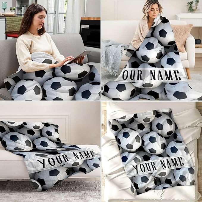Personalized Soccer Throw Blanket with Name - Soft, Fuzzy & Warm - 50x60 Inches Throw Size Blanket for Couch, Office - White Soccer Gifts for Girls, Boys