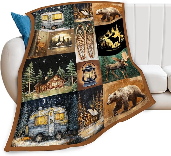 Camping Blanket Cabin Bear Deer Throw Blankets Gifts for Girls Boys Kids Camping Lover Soft Cozy Fleece Plush for Couch Sofa Bed 80"x60"