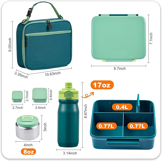 Bento Lunch Box for Kids with Thermos, Leakproof Bento Box with 8oz Insulated Food Jar, Insulated Bottle, Lunch Bag, BPA Free Dishwasher Safe 4 Compartment Container for School Girls Boys (Green)