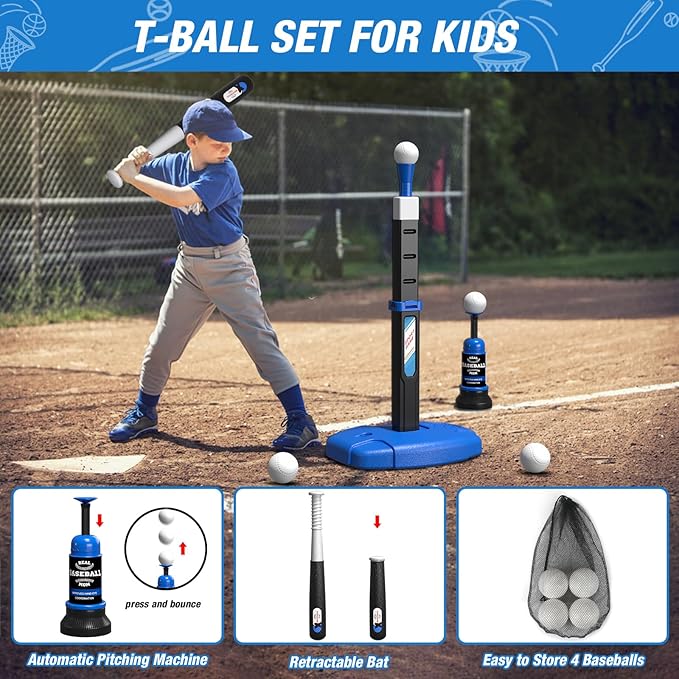 2 in 1 Toddler Basketball Hoop and T Ball Set with Automatic Pitching Machine - Adjustable Height, Kids Basketball Hoop Suit for Indoor/Outdoor, Sport Toys Gifts for Boys Age 3-5, Black