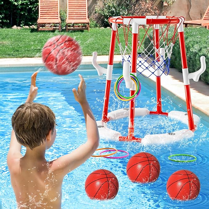 Pool Basketball Hoop Toys for Kids Ages 4-8 8-12 & Adult, Summer Outdoor Swimming Pool Games Water Play Toys Family Party for Kids, 2 in1 Pool Basketball Hoop & Ring Game with 4 Balls 12 Rings & Pump