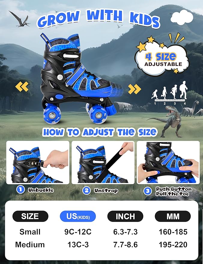NEMONE Roller Skates for Boys Kids Ages 4-6 5-8 6-12 8-12 with 4 Sizes Adjustable Light up Wheels, Todder Beginner Rollerskates Indoor Outdoor Sports