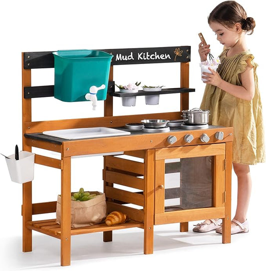ROBOTIME Mud Kitchen for Kids Outdoor - Wooden Outdoor Play Kitchen Set with Real Water Play, Cooking Pots & Gardening Tools - Sensory Toy Kitchen for Pretend Play Ages 3+