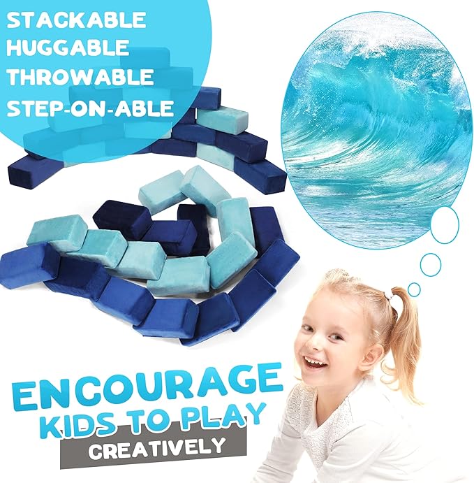 The Original Premium Plush Building Block for Kids - Certified Safe Foam Blocks in Luxuriously Soft Fabric Covers - Set of 24 (Ocean)