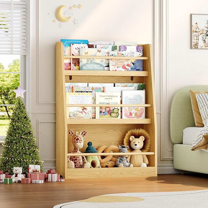 Kids Bookshelf, 3-Tier Montessori Book Shelf Organizer for Books and Toys, Toddler Bookshelf for Bedroom, Living Room, Playroom, Classroom, Nursery - Natural