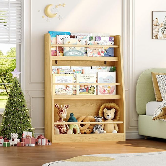 Kids Bookshelf, 3-Tier Montessori Book Shelf Organizer for Books and Toys, Toddler Bookshelf for Bedroom, Living Room, Playroom, Classroom, Nursery - Natural