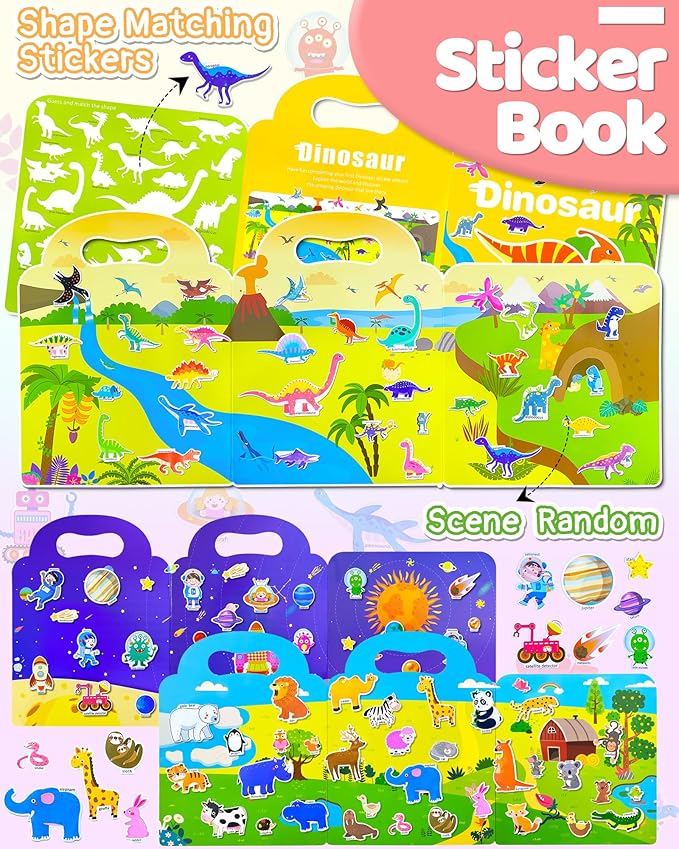 Benresive Reusable Sticker Book for Toddlers 2-4 Years, 3 Sets Travel Stickers for Kids, Waterproof Sticker Books for Toddlers 1-3, Crafts Activities for Todddlers 1-3 2-4 3-5
