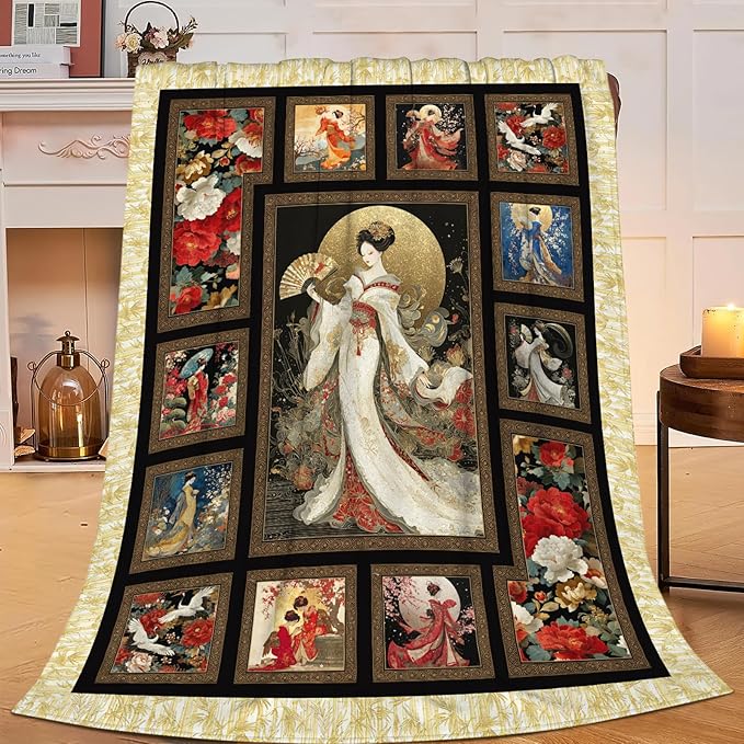 Japanese Gifts for Women, Japan Geisha Girls Flannel Throw Blanket, Cozy Fleece Soft Stuff Blankets Gift for Girls Couch Sofa Bed 60" x 50"