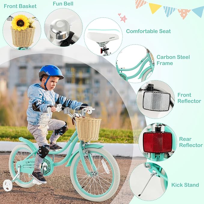 BABY JOY Kids Bike, 14 16 18 Inch Retro Kids Bicycles for 3-8 Years Old Children with Training Wheels, Adjustable Height, Rattan Basket, Handbrake & Coaster Brake, Boys Girls Bike (Pink, Green, Blue)