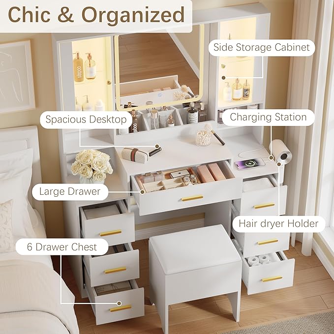 43'' Makeup Vanity with Mirror and Lights, White Vanity Desk with 7 Drawers & Charging Station, 3 Lighting Modes & Adjustable Brightness, Cushioned Stool, Dressing Table for Girls, Women, Teens