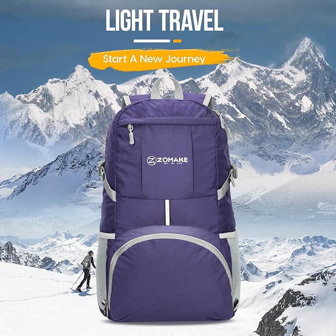ZOMAKE Lightweight Packable Backpack 35L, Light Foldable Backpacks Water Resistant Collapsible Hiking Bag, Compact Folding Day Pack for Travel Camping(Purple)