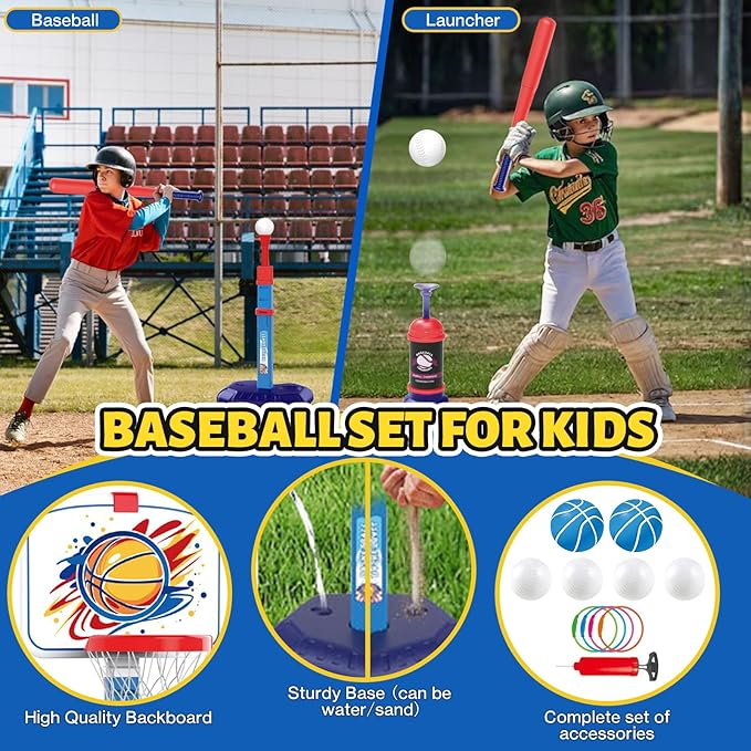 4 in 1 Kids Basketball Hoop Ring Toss T Ball Set - Adjustable Height Basketball Hoop & Baseball Pitching Machine & Batting Tee & Toss Game, Indoor Outdoor Toys Gifts for Toddler Boys Girls Age 3-12