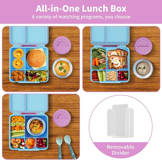 Bento Box for Kids with Thermo Food Container (9oz), 4-Compartment Lunch Box, Adjustable Divider, Leakproof Bento Lunch Box, Includes Utensils & Carry Bag for School, Office(Light Blue)