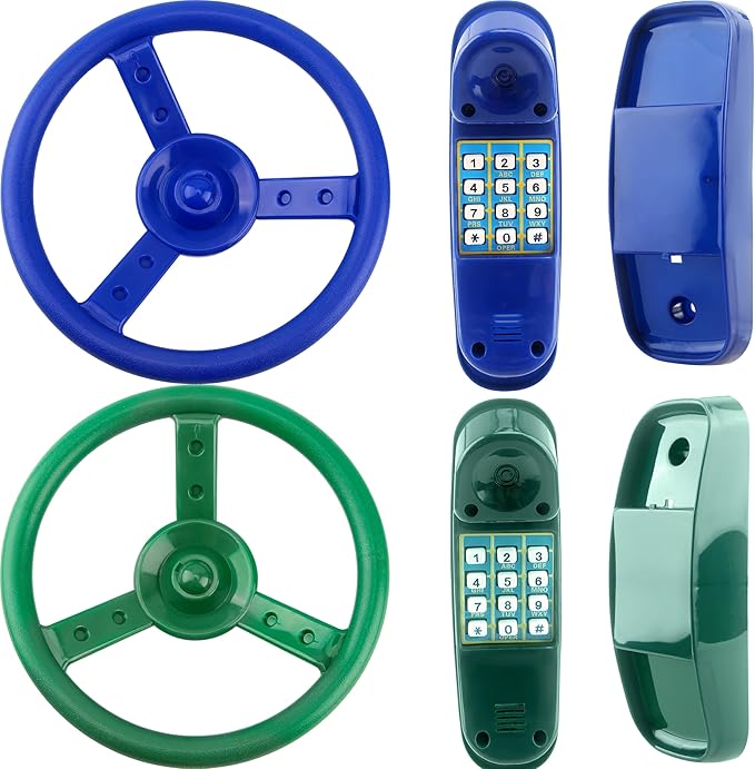 4 Pack Playground Accessories for Kids Outdoor Playground Steering Wheel Priate Ship Wheel Plastic Telephone Phone Toy Swing Set for Playground Backyard Playhouse Tree House (Green,Blue)