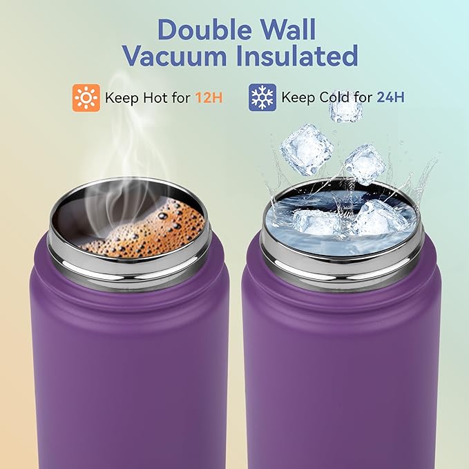HASLE OUTFITTERS Insulated Water Bottle Kids 16 oz Double Wall Vacuum Stainless Steel Water Bottle Leak Proof for School Wide Mouth with Straw Lid & Spout Lid Keeps Cold and Hot(Purple,1pack)