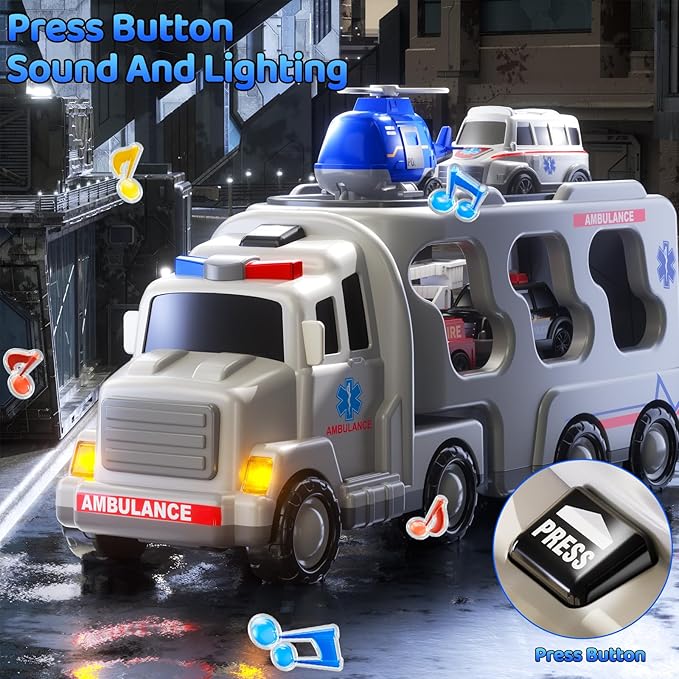 Ambulance Truck Toys Set for Kids Toddlers 1-3 3-5 Years Old, Carrier Truck Playset with Toy Cars, Light and Sound, City Learning Toys for Toddlers, Birthday Gifts for Boys Girls Aged 2-4 4-8