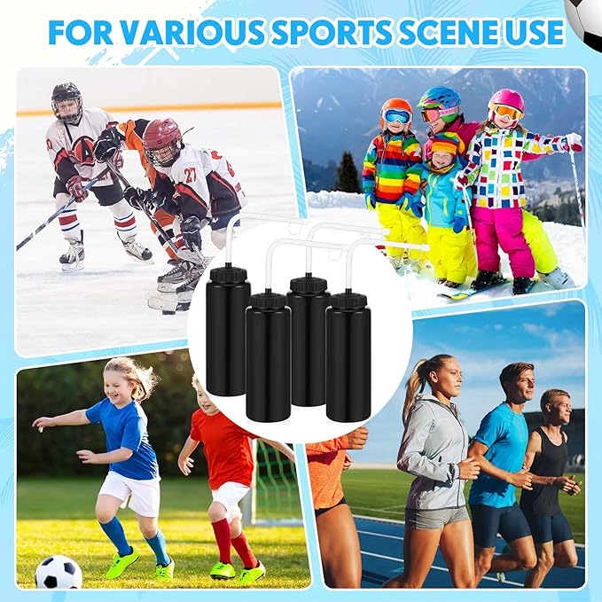 Domensi 4 Pack 1 Liter Sports Water Bottle W/long Straw Hockey Lacrosse Water Bottle with Straw Bpa Free Squeeze Plastic Use Sport Helmet in Football Baseball Gym(Black,Classic)