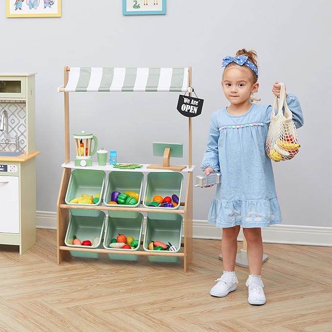Teamson Kids Little Helper Wooden Farmer's Market Stand with Pretend Cash Register and 6 Plastic Storage Bins, Green, TD-13638A-AMZ