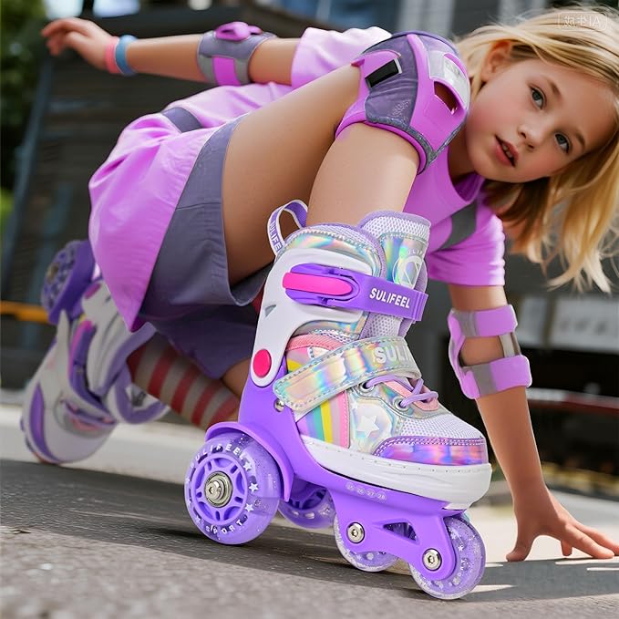 SULIFEEL Rainbow Unicorn 4 Size Adjustable Light up Roller Skates for Girls Boys for Kids