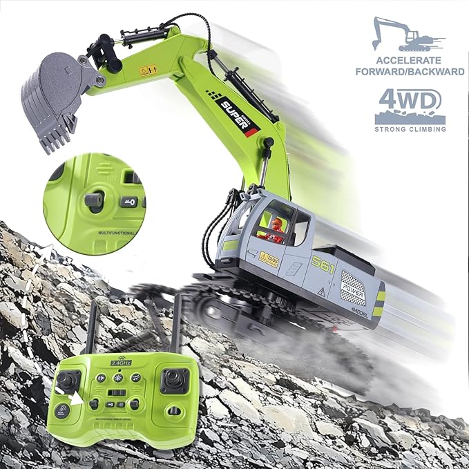 Remote Control Excavator Toys for Boys,16 Channel Dual Speed Control RC Excavator Construction Toys with Metal Shovel & Light,Simulated Smoke,Christmas Birthday Gift Toy for Boys Kids