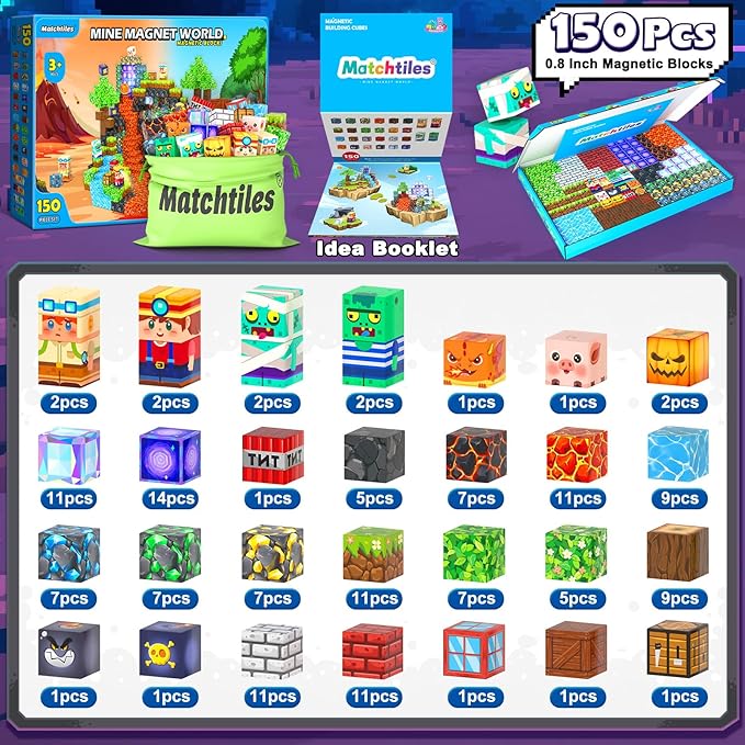 150PCS Magnetic Blocks Toys, Build Mine Magnet World Set, Magnetic Tiles Building for Boys & Girls Age 4-8 5-7, STEM Montessori Sensory Toys for Toddlers Kids Gifts