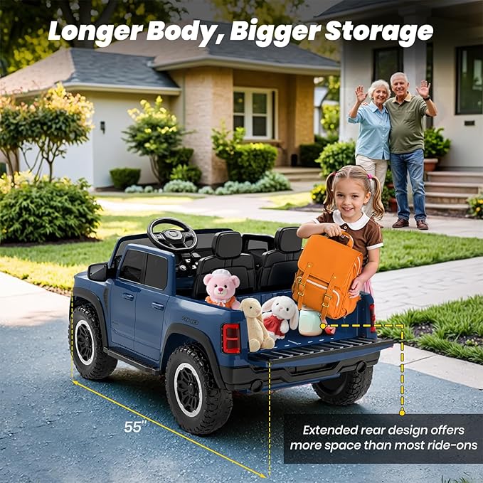 2 Seater Electric Car Licensed RAM 1500 RHO, 24V Kids Ride On Truck w/Remote Control, Toddler Ride on Car Toys w/LED Lights, Bluetooth, Music, Truck Bed Storage, Soft Start (Blue)