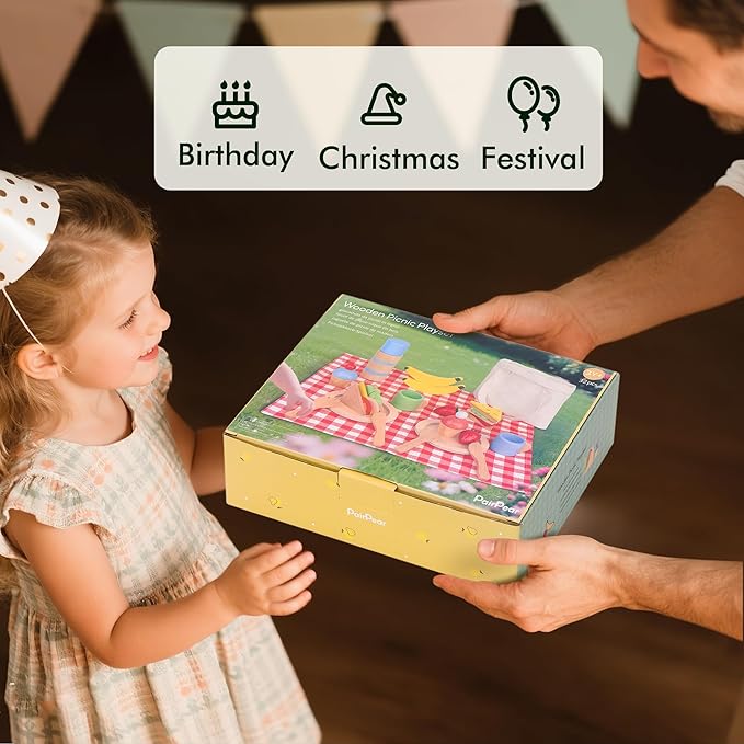 PairPear Wooden Play Food Set for Kids Kitchen, 32 Pcs Pretend Play Toys Picnic Playset with Shopping Bag, Toddler Cutting Food Toys Play Kitchen Accessories Gift for Girls Boys Age 3+