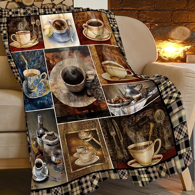 Vintage Coffee Blanket Drink Cup Lover Throw Blankets for Girls Boys Adult Women Men Plush Cozy Flannel Fleece Ultra Soft Fuzzy Party Blanket Gifts for Bed Couch Sofa 80"X60"