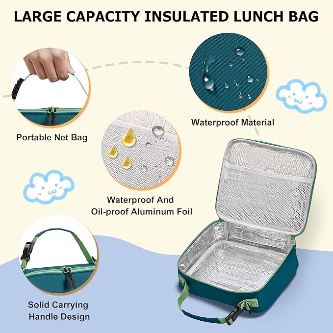 Bento Lunch Box for Kids with Thermos, Leakproof Bento Box with 8oz Insulated Food Jar, Insulated Bottle, Lunch Bag, BPA Free Dishwasher Safe 4 Compartment Container for School Girls Boys (Green)