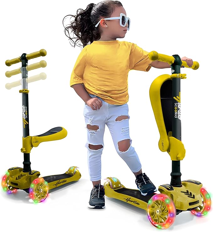 Hurtle 3-Wheeled Scooter for Kids - Wheel LED Lights, Adjustable Lean-to-Steer Handlebar, and Foldable Seat - Sit or Stand Ride with Brake for Boys and Girls Ages 1-14 Years Old