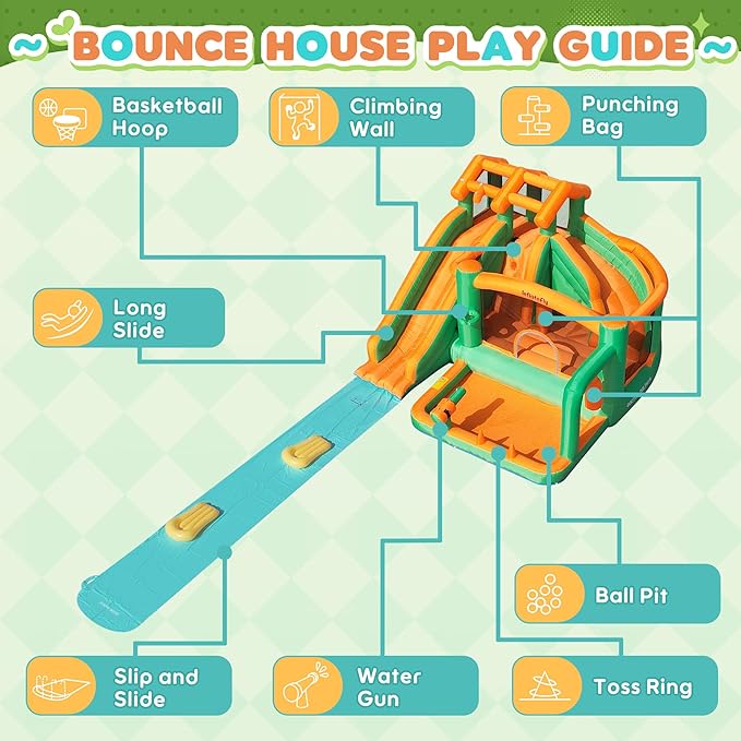 Bounce House Inflatable Waterslide Kids Bouncy Catle Dual Slides Water Park with Slip and Slide for Wet and Dry