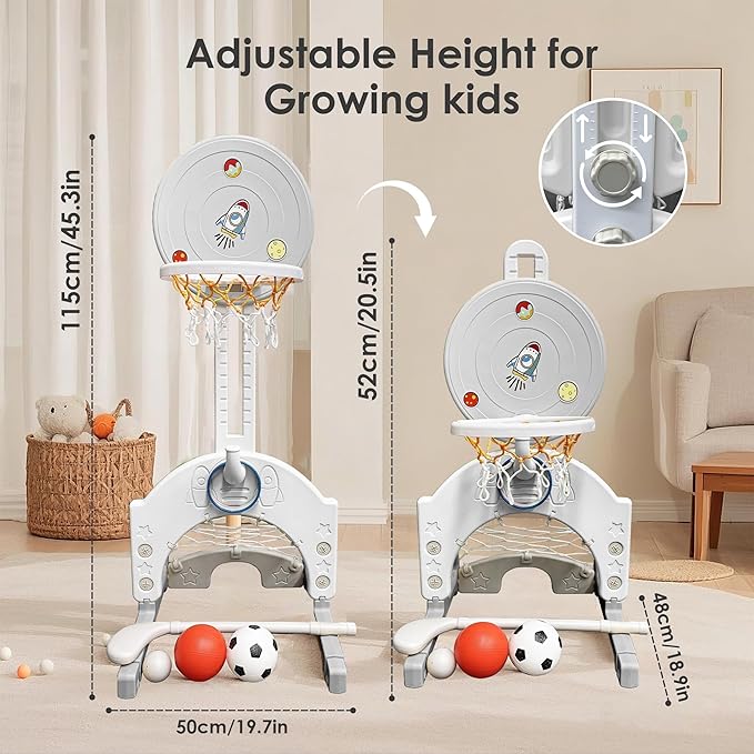 4-in-1 Toddler Basketball Hoop Adjustable Height Indoor Outdoor Sports Center for Kids Aged 1-3 Basketball, Soccer, Hockey & Ring Toss, Grey and White