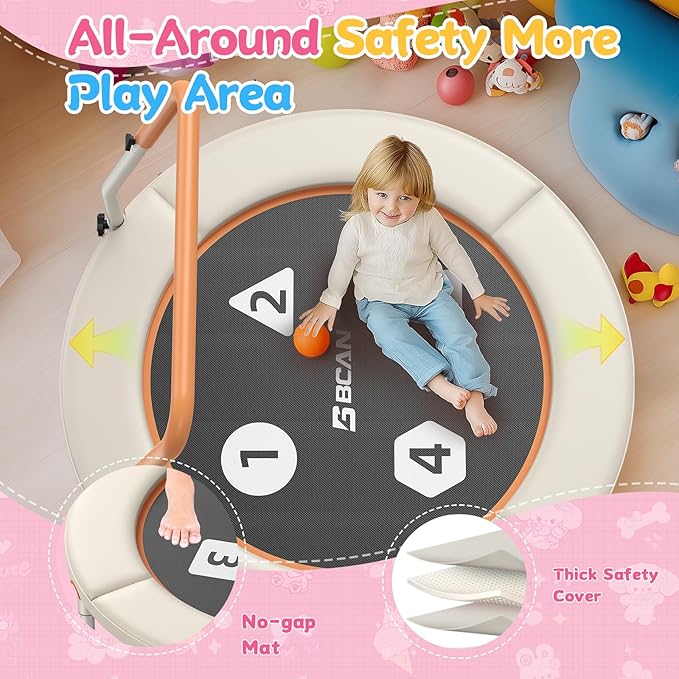 BCAN 36'' Toddler Trampoline, ASTM Certified-Foldable Mini Trampolines for Kids Ages 1-6, Adjustable Handle, Safety Pad & Foldable Legs, Baby Trampoline Indoor/Garden, Gift for Boy and Girl