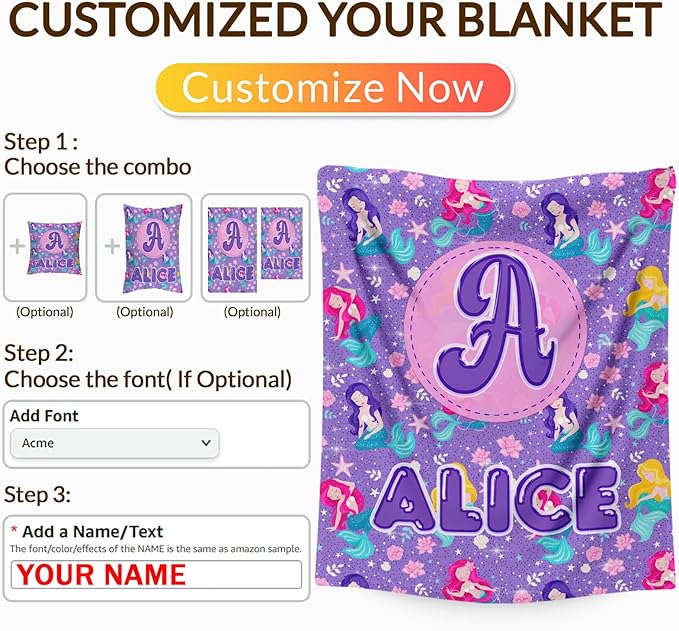 Kids Girls Blankets Gift, Personalized Mermaid Blanket with Initial Monogram Name for Kids Toddlers Girls Age 6-8, Soft Cozy Flannel Throw for Sofa Bed Couch Decor
