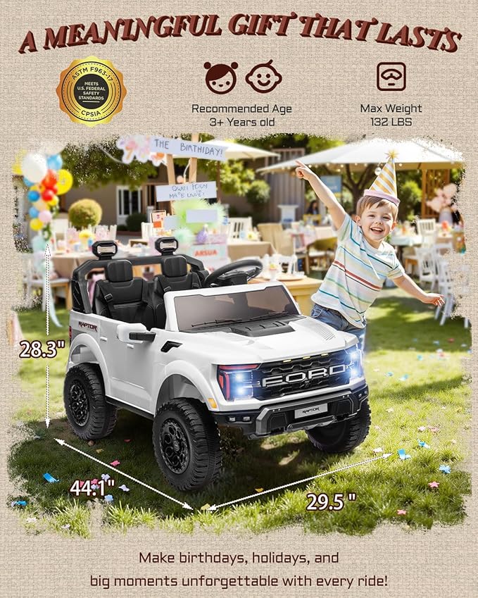 First Ride On 24V Kids Ride On Truck, Licensed Ford F-150 Raptor 2 Seater Electric Car w/Remote Control, Toddler Ride On Car Toys w/LED Lights, Bluetooth, Music, Truck Bed Storage, Soft Start (White)