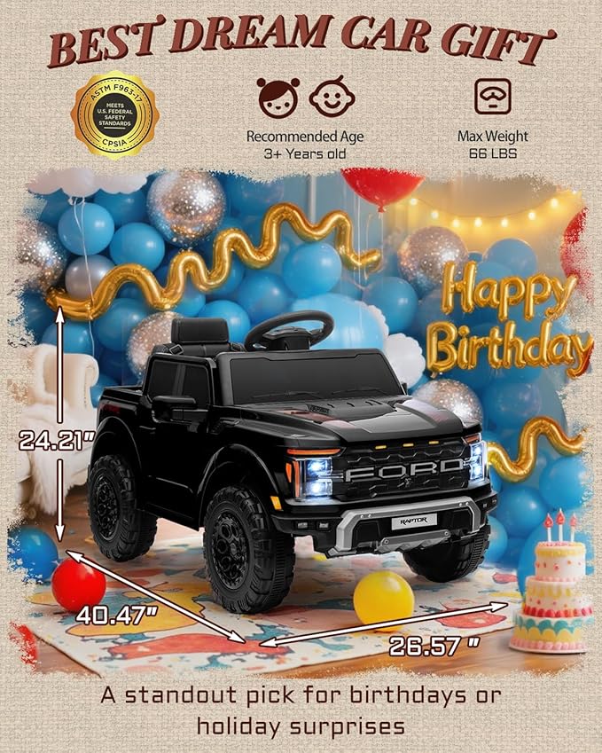 First Ride On 12V Licensed Ford F-150 Raptor Kids Ride on Toy, Ride on Truck with Parent Remote Control, Electric Car for Kids with Truck Bed Storage, 3 Point Safety Belt, LED Lights (Black)